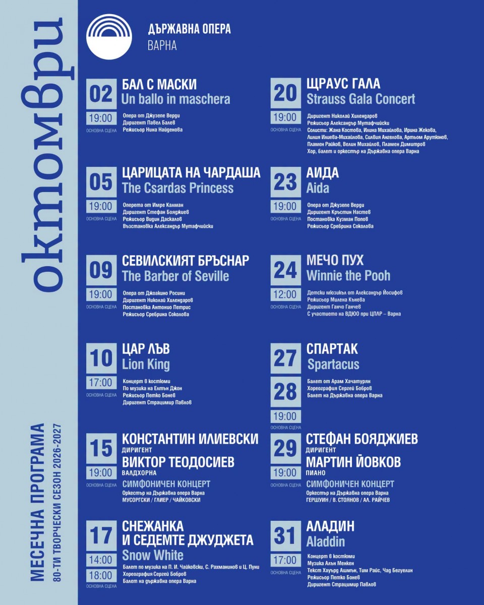 Програма Държавна опера Варна, м. октомври 2026 г.
